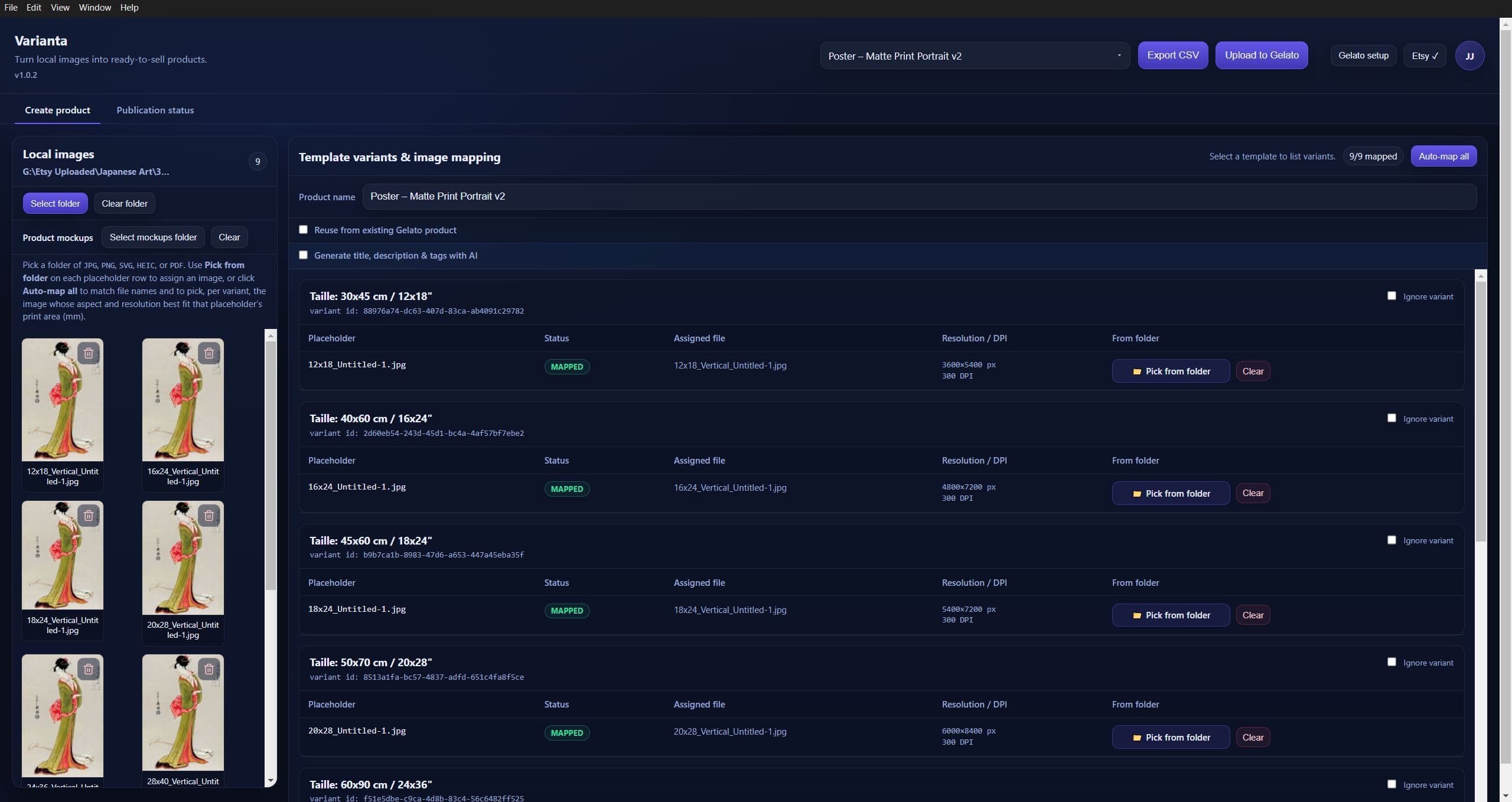 RokkitPod desktop app showing a product creation overview with template, artwork, and workflow steps